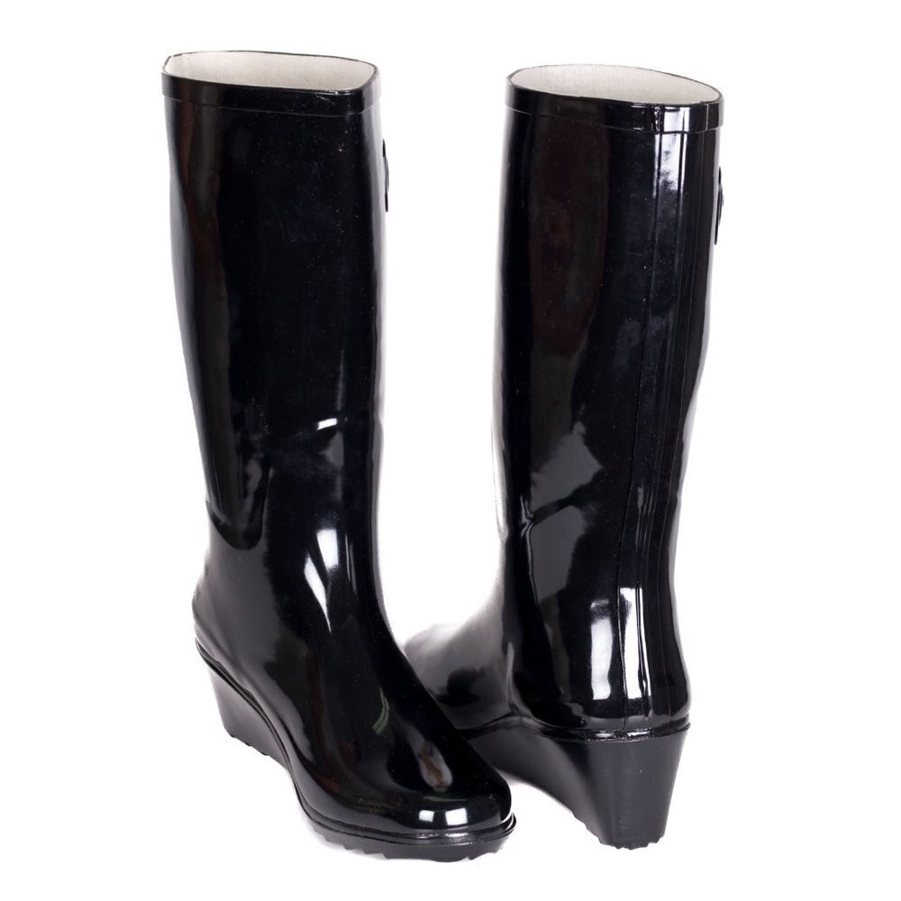 Women's Rubber Rain Boots, Wedge Garden Rainboots, Black, NEW